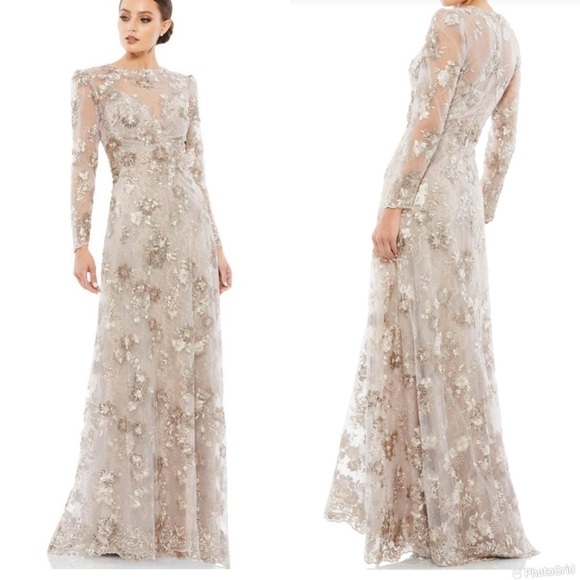 Mac Duggal Floral Embroidered Illusion Long Sleeve Evening Gown
